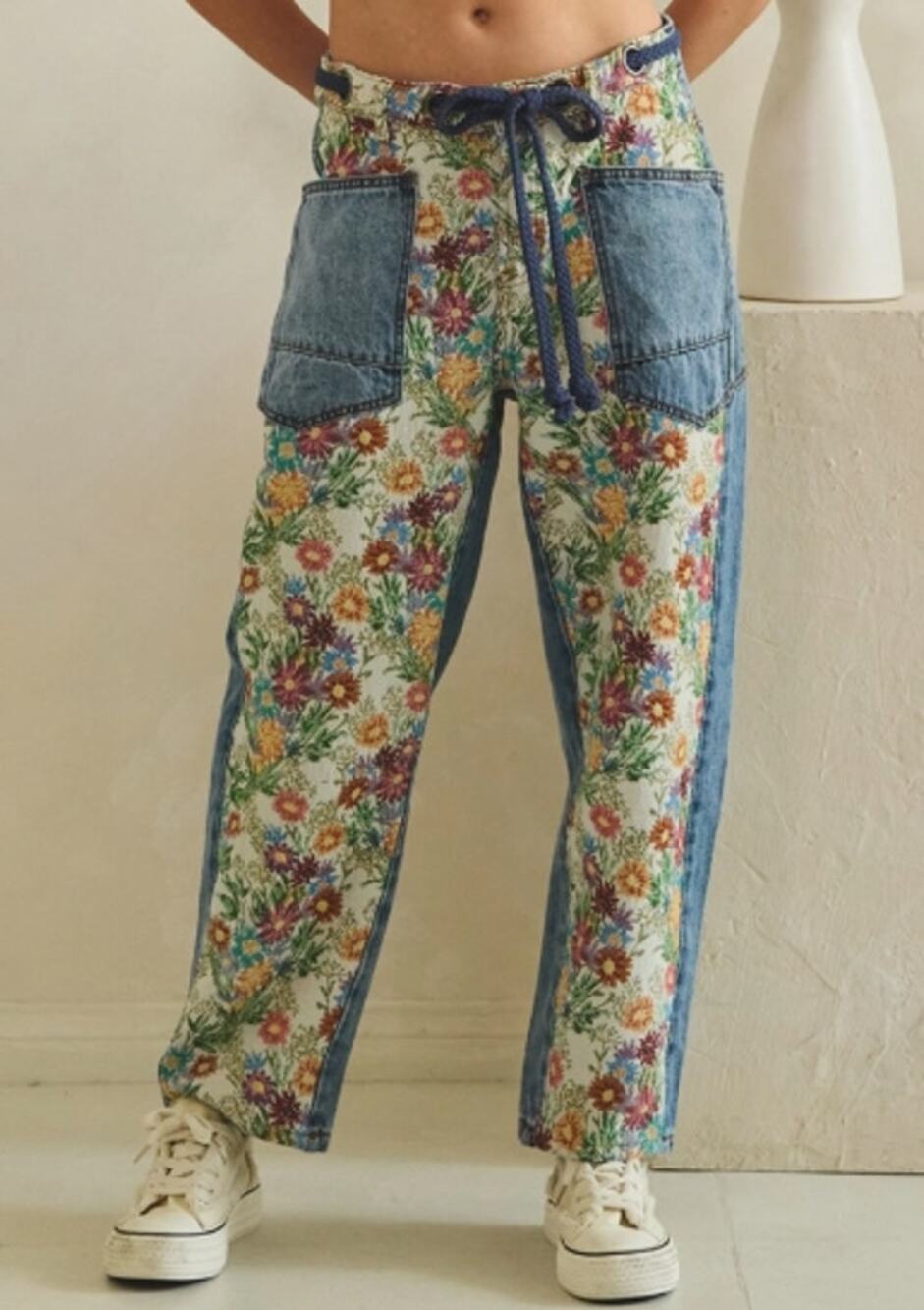 Oli & Hali Floral Tapestry Barrel Jeans Rope Tie Denim XL NWT - Patchwork Boho